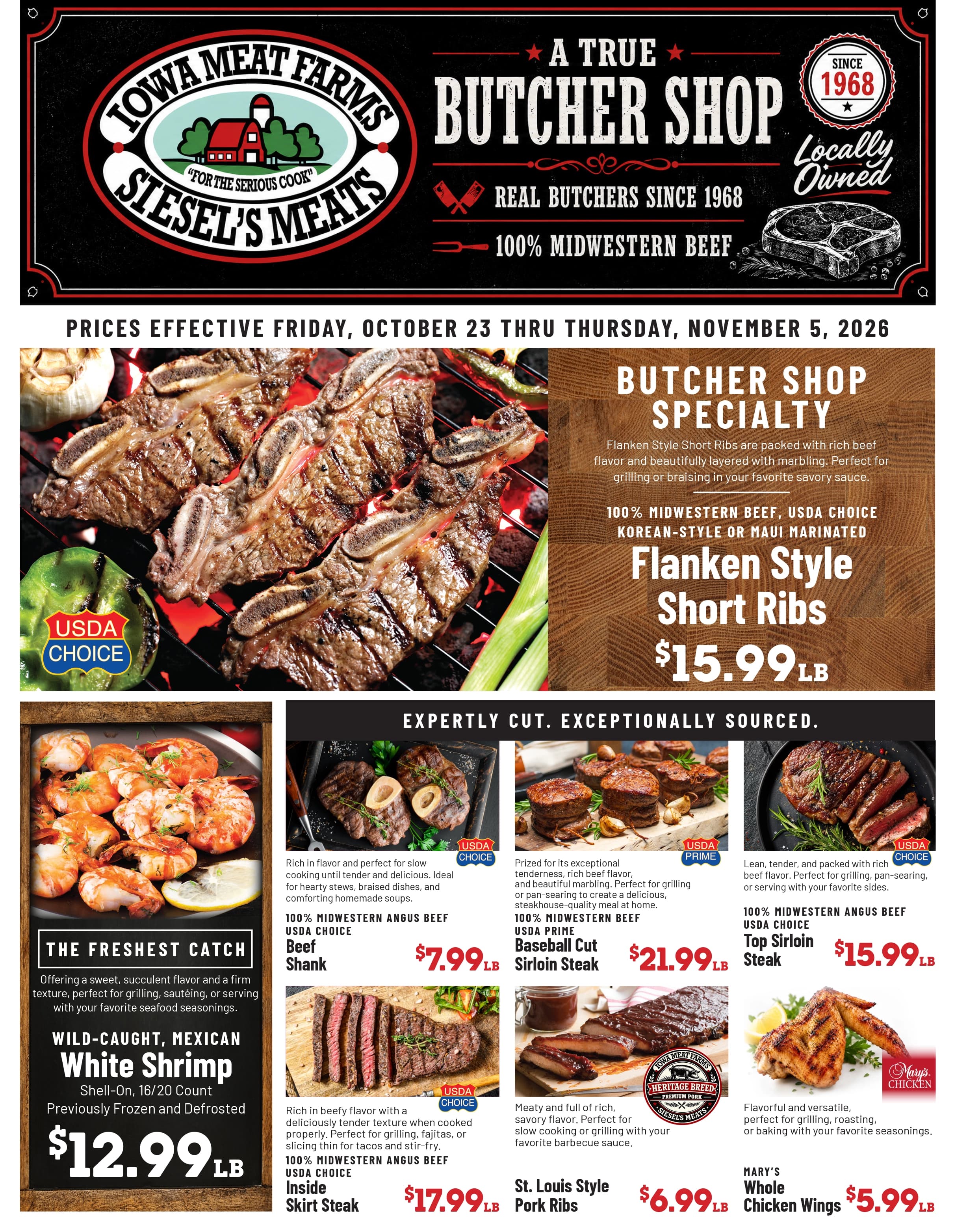 Weekly butcher shop ad, page 1 of 2: meat and seafood specials, October 23–November 5, 2026