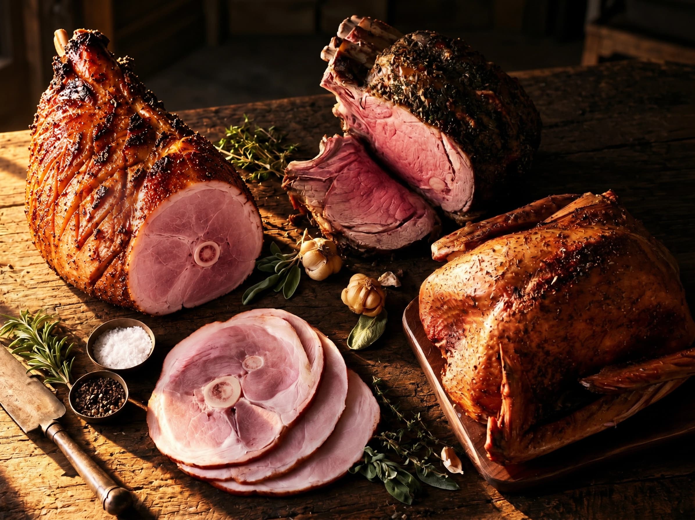 Holiday turkey on a wooden cutting board with festive decorations